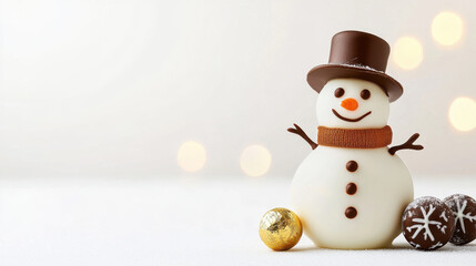 delightful chocolate snowman with white chocolate body, wearing brown hat and scarf, surrounded by festive treats. Perfect for holiday celebrations!