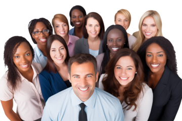 Group of smiling business interacial people in suits on transparent background. Groups of people in business attire. Rich man and women. Business leader. Startup boss. Isolated image. PNG cut out.