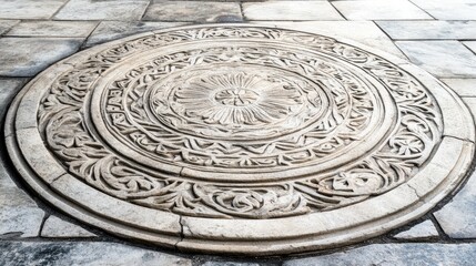 Intricate circular stone tile featuring detailed engravings and floral patterns, surrounded by a textured stone floor.