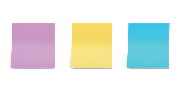 Set of three colorful sticky notes in purple, yellow, and blue. Flat style isolated on white background.
