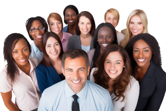 Group of smiling business interacial people in suits on transparent background. Groups of people in business attire. Rich man and women. Business leader. Startup boss. Isolated image. PNG cut out.