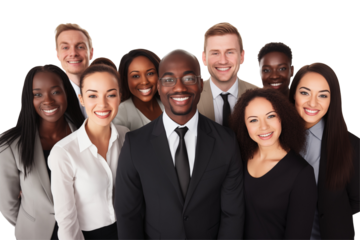 Group of smiling business interacial people in suits on transparent background. Groups of people in business attire. Rich man and women. Business leader. Startup boss. Isolated image. PNG cut out.