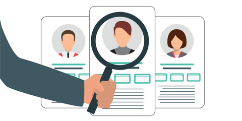 Hand holding magnifying glass over resumes of candidates. Flat style illustration isolated on white background.