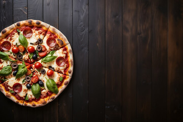 pizza on a wooden board with space on the right for text or calligraphy, AI generative  