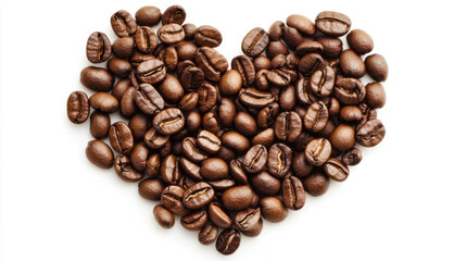 Naklejka premium Rich brown coffee beans are neatly shaped into heart, symbolizing love for coffee. This artistic arrangement captures essence of passion for this beloved beverage