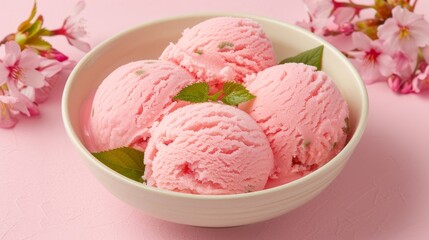 Pink ice cream scoops in a bowl with flowers.