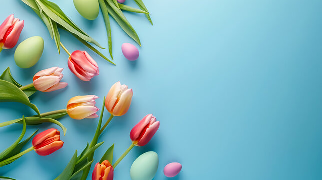Easter Joy Composition: Top view of colorful eggs and fresh tulips on a soft blue background. Ideal for greetings or promotions with space for text or ads.