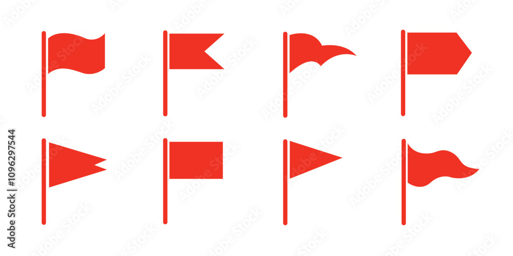 Wall mural set of eight red flag icons with various shapes. flat style design isolated on white background.