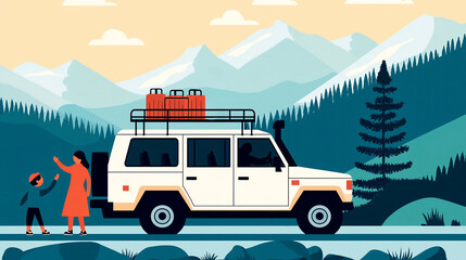 A family enjoys a scenic mountain road trip in a vintage SUV amidst nature's beauty.