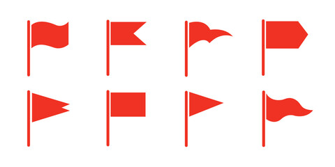 Set of eight red flag icons with various shapes. Flat style design isolated on white background. © Ophelia
