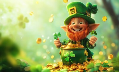 Leprechaun with pot of gold and shamrock leaves, St. Patrick's Day theme