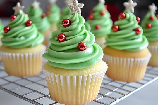 Festive green cupcakes topped with star decorations and red balls, perfect for holiday celebrations and Christmas-themed events.