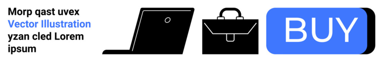 Laptop icon, briefcase icon, and blue BUY button. Ideal for e-commerce, online shopping, business websites, digital marketing, technology services, virtual stores, professional services. Landing page