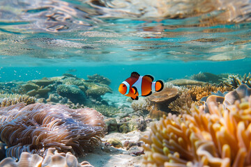 Fantastically beautiful bright clownfish swims in deep sea among corals