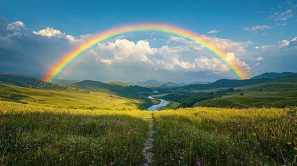 Naklejka premium Artistic Vibrant Rainbow Arching Over Cascading Hills with Lush Greenery and Clear Blue Sky, Capturing Nature's Beauty in Breathtaking Landscape