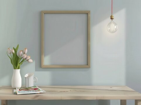A minimal home office desk with a blank picture frame, a vase of pink tulips, a stack of magazines, and a pendant light hanging from the ceiling