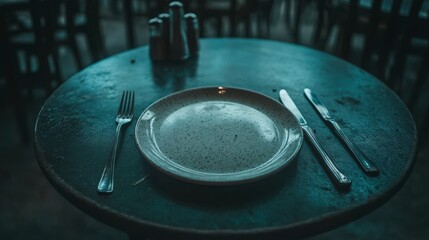 Obraz premium Empty plate on a rustic table setting surrounded by chairs in a dimly lit restaurant, evoking a sense of anticipation and dining experience, inviting culinary creativity.