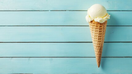 Homemade vanilla ice cream in a waffle cone on a light blue wooden background, perfect for summer treats with space for text.