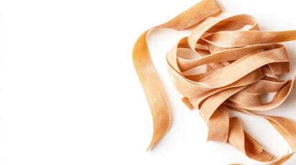 Rustic tagliatelle pasta strands elegantly laid out, showcasing their flat, ribbon-like shape against a clean white background. Perfect for culinary presentations.