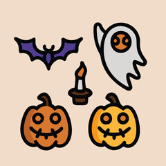 Set of Fun Halloween Elements Including Ghosts and Pumpkins