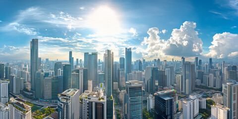 Fototapeta premium Modern Skyline with High-Rise Office Buildings under Blue Sky