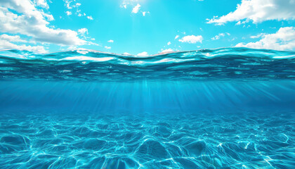 Plastic Pollution Waste Reduction Concept. A serene underwater scene showcasing clear blue water illuminated by sunlight filtering through the surface.