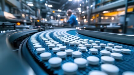  Automated conveyor belt with white tablets in production line within modern pharmaceutical manufacturing facility under bright industrial lighting.