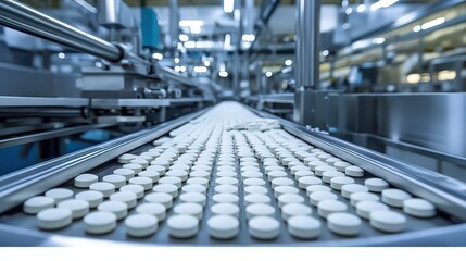 Fototapeta premium High-tech pharmaceutical production line with stainless steel machinery producing white tablets from precision molds on a moving conveyor belt under sterile bright lighting.