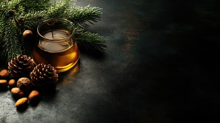 Pine nuts oil in a glass surrounded by cedar cones, almonds, and pine branches on a dark tabletop emphasizing natural wellness and organic superfoods.