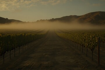Obraz premium Serene Vineyard Landscape at Dawn with Mist Rolling Over Vine Rows, Capturing the Beauty of Nature and Tranquility in Wine Country