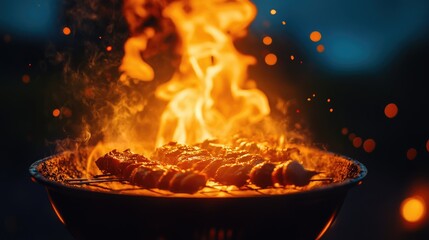 Vibrant flames dancing over sizzling shish kebabs on a grill, illuminated by a golden glow in an outdoor setting during twilight.