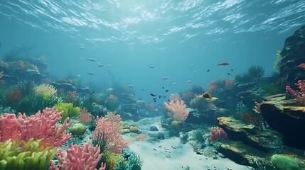 Vibrant underwater scene filled with coral and diverse fish in a serene marine environment.