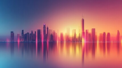 Sunset skyline reflection urban city photography serene environment wide-angle view cityscape beauty