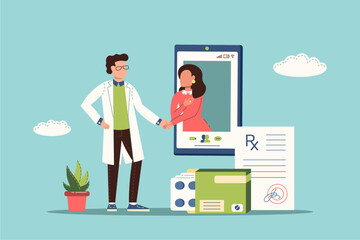 Doctor shaking hands with a patient. The patient thanks the doctor for his help. Concept of online medicine, telemedicine. Flat vector illustration.