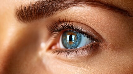 Obraz premium Close-up of a perfectly shaped eyebrow and a striking blue eye, showcasing meticulous cosmetic makeup artistry in a beauty salon setting.
