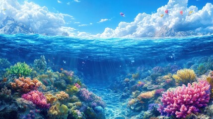 Crystal-clear sea with colorful coral reefs visible below, creating a vibrant and tropical underwater scene