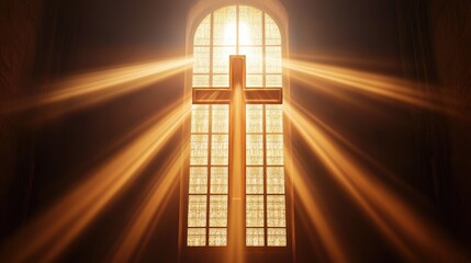 Cross Shaped Window in Historic Cathedral Radiating Divine Light Rays Through Glass Panels
