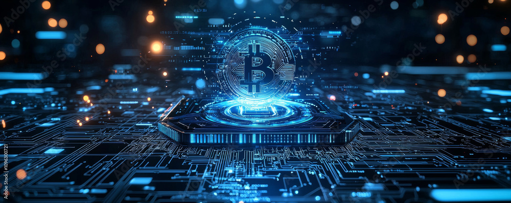 Sticker digital representation of bitcoin on futuristic circuit board, showcasing advanced technology and cr