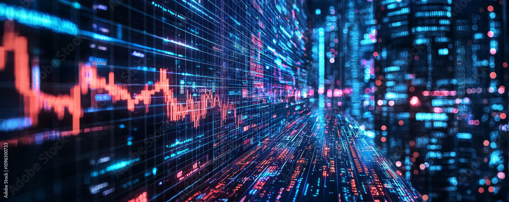 Wall mural digital financial data visualization with vibrant colors and graphs