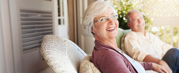 Senior couple, portrait and smile in backyard banner for relax, health insurance and comfort in...