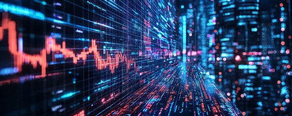 Digital financial data visualization with vibrant colors and graphs