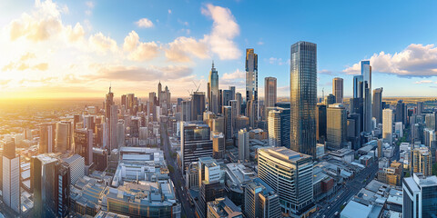 Naklejka premium Modern Skyline with High-Rise Office Buildings under Blue Sky
