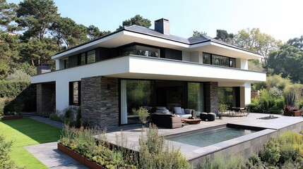 Modern luxury house with sleek design, stone accents, and a beautiful outdoor seating area surrounded by lush greenery.