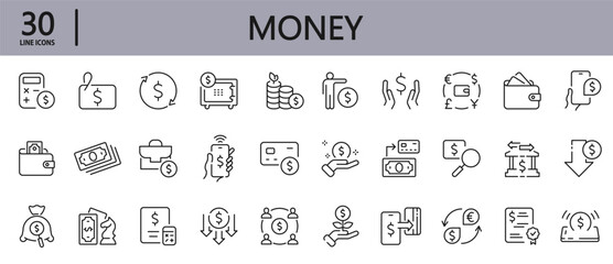 Money line icons set with Cash, Payment, Currency, Finance, Bank, Dollar, Credit, Investment, Profit and more. Editable Stroke
