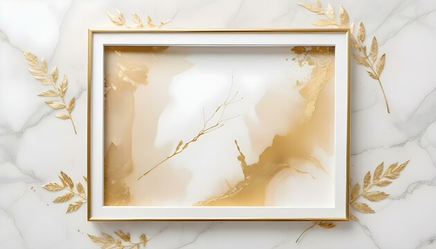 Gold rectangle frame on white marble background with delicate gold leaf accents