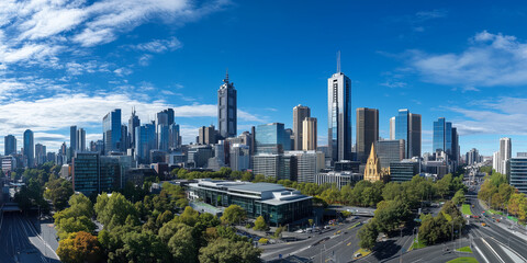 Obraz premium Modern Skyline with High-Rise Office Buildings under Blue Sky