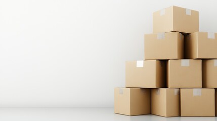 Obraz premium Cardboard boxes in different sizes are stacked neatly on a pure white background, captured from an overhead perspective