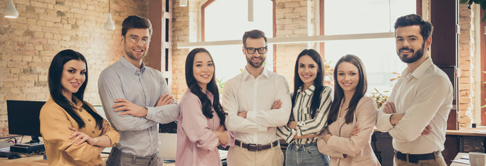 Portrait of nice confident friendly cheerful people banker finance economist employment folded arms...