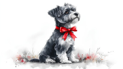 A watercolor Bedlington Terrier sitting with a festive red bow tied around its neck, looking cheerful and elegant, painted delicately on white