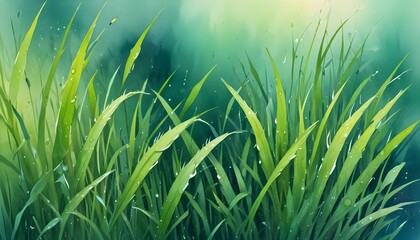 Watercolor painting of lush grass texture with dew drops and wildflowers